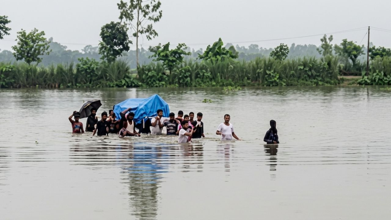 ঠাকুরগাঁওয়ে হরিপুরে বুকসমান পানি পেরিয়ে মায়ের জানাজা 